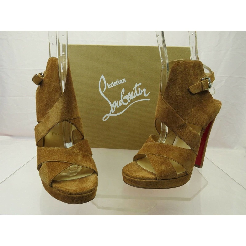 NIB LOUBOUTIN APRON LILI 120 BROWN SUEDE CRISSCROSS PLATFORM PUMPS 40.5 ITALY - Picture 7 of 12